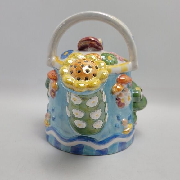 WCL Porcelain Frog Floral Mushrooms Ceramic Watering Can With Planter And Basket - Picture 4 of 16
